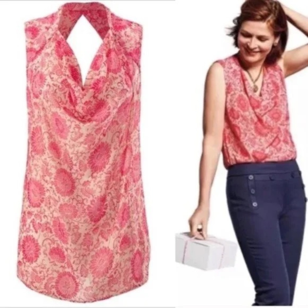 CAbi #5037 Vita Drape Neck Sleeveless Blouse Pink Floral Keyhole Back Medium